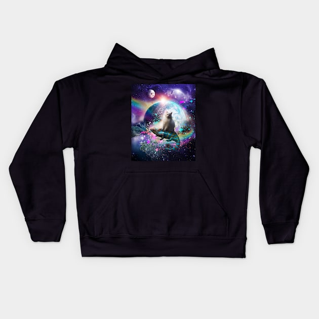 Kitty Cat Riding Rainbow Chameleon Lizard In Space Universe Kids Hoodie by Random Galaxy